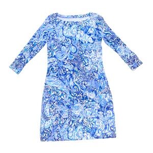 Lilly Pulitzer Blue White Green Tropical Animal Print Mini Dress 3/4 Sleeves XXS
